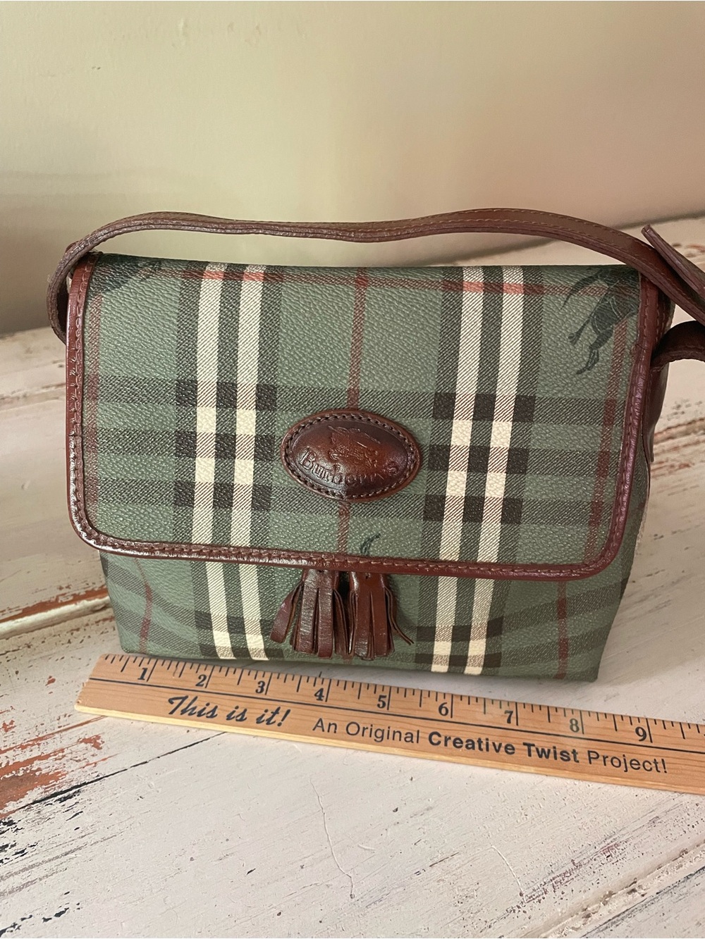 Burberry Green Plaid Messenger Bag with Brown Leather Trim